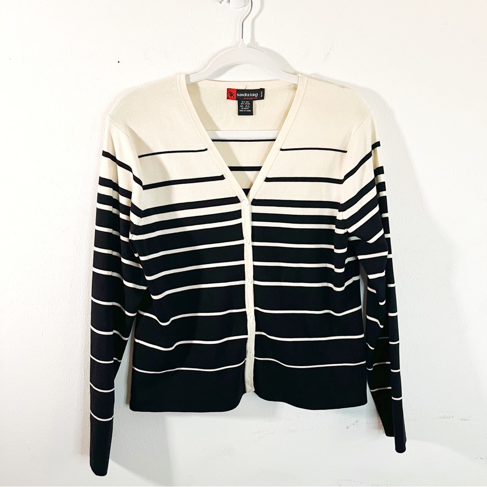 Sandra King Cardigan Black & Cream Striped V Neck Button Up Silk Blend Sz LP EUC